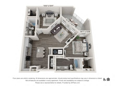 Floor plan for 2 beds, 2 baths, 1088 sqft